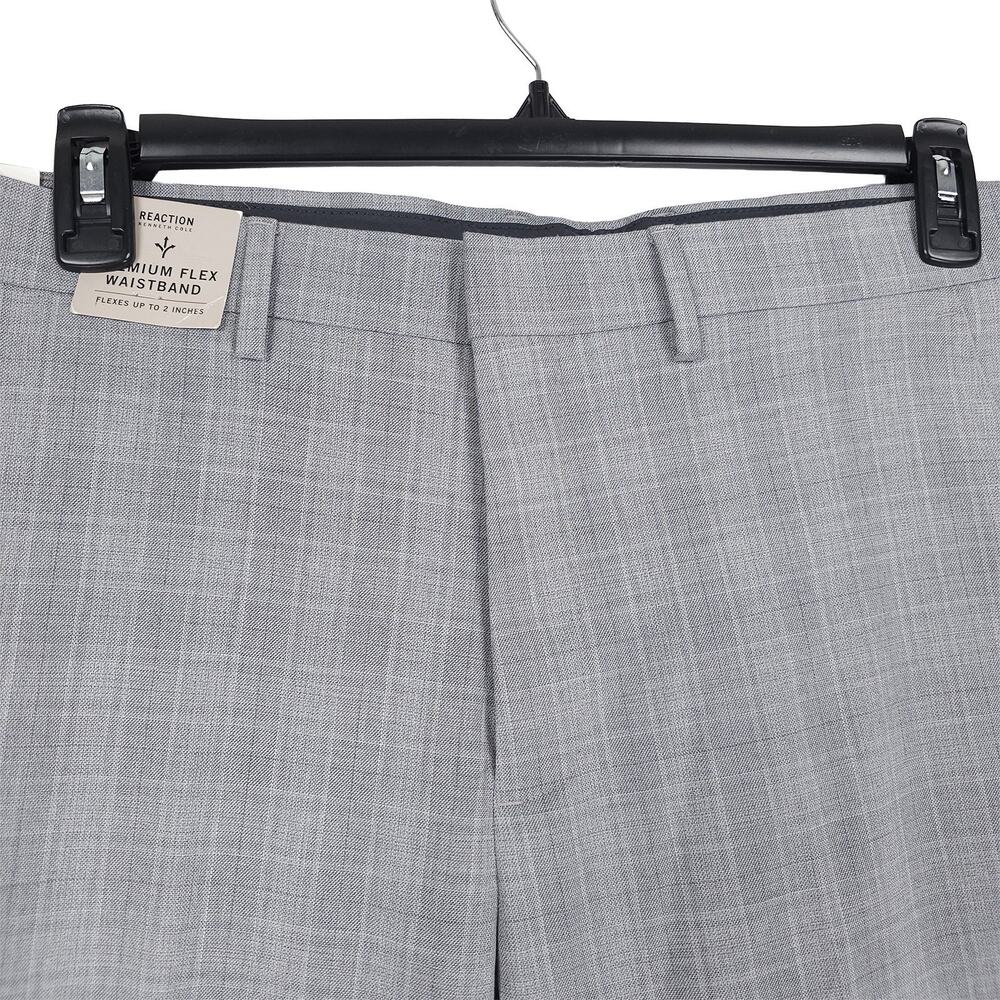 Kenneth Cole Reaction Mens Slim Fit Dress Pants 34x32 Light Grey Plaid Stretch - Picture 7 of 13